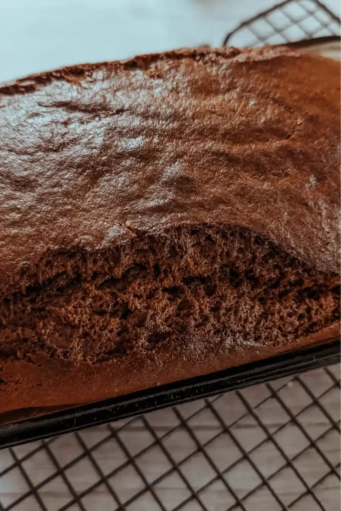 the baked gingerbread loaf cake in glass loaf pan on wire cooling rack