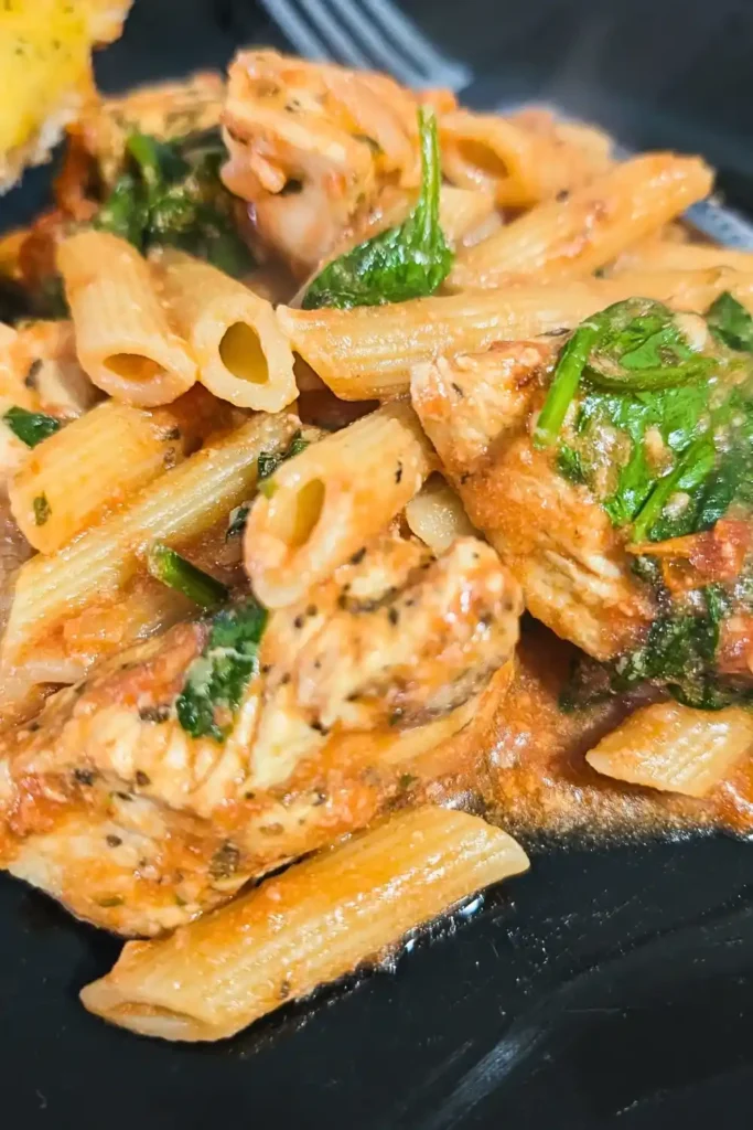 penne rose sauced pasta with chicken and spinach on dinner plate