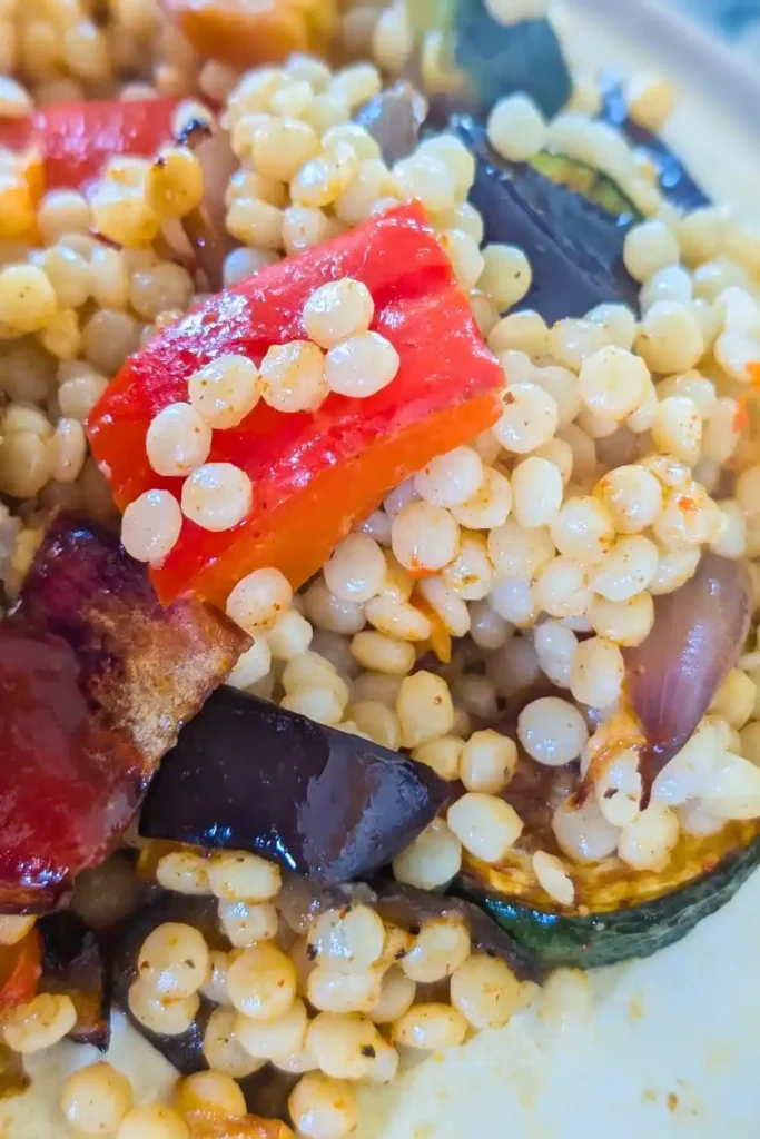 another angle of the couscous and roasted vegetables