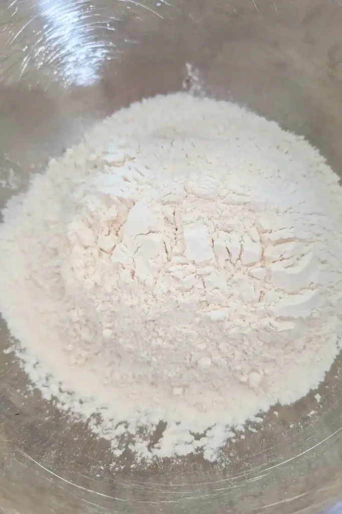 flour and dry ingredients for biscuits in stainless steel mixing bowl
