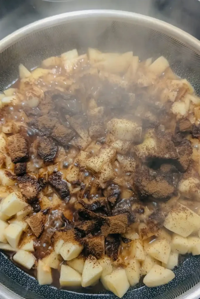 adding spices to apples in frying pan