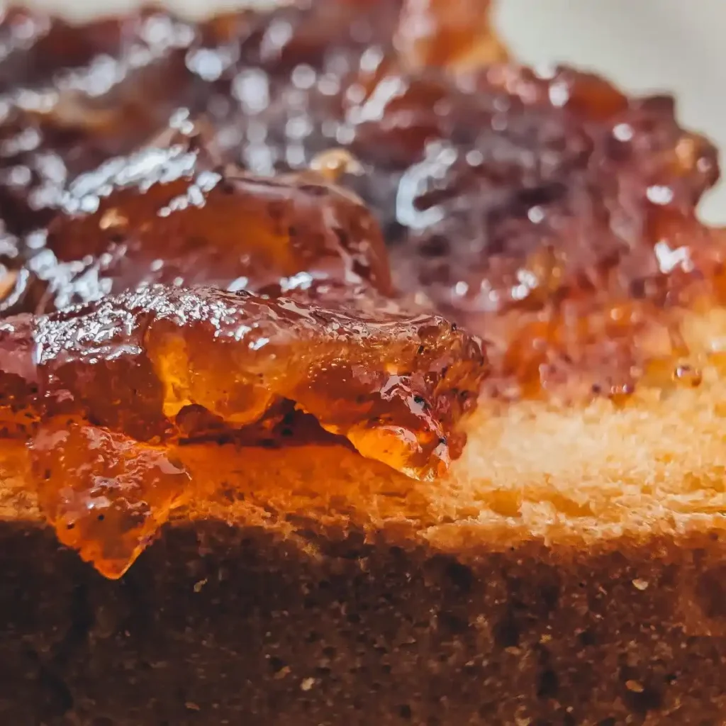 side view of apple butter spread on toast
