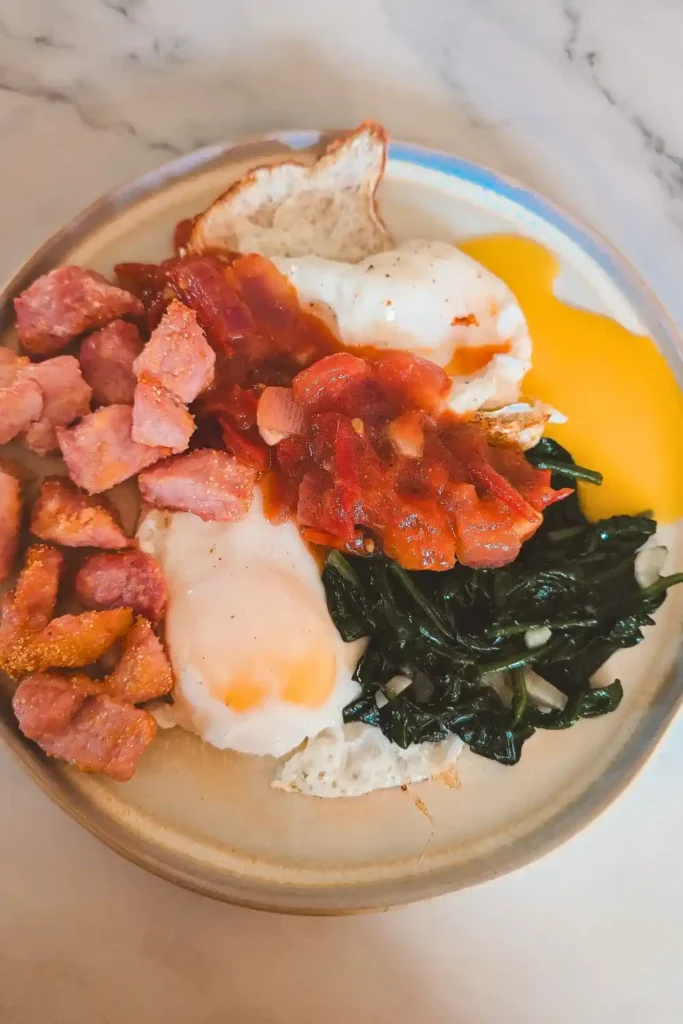 looking down on breakfast plate with tomato onion chutney