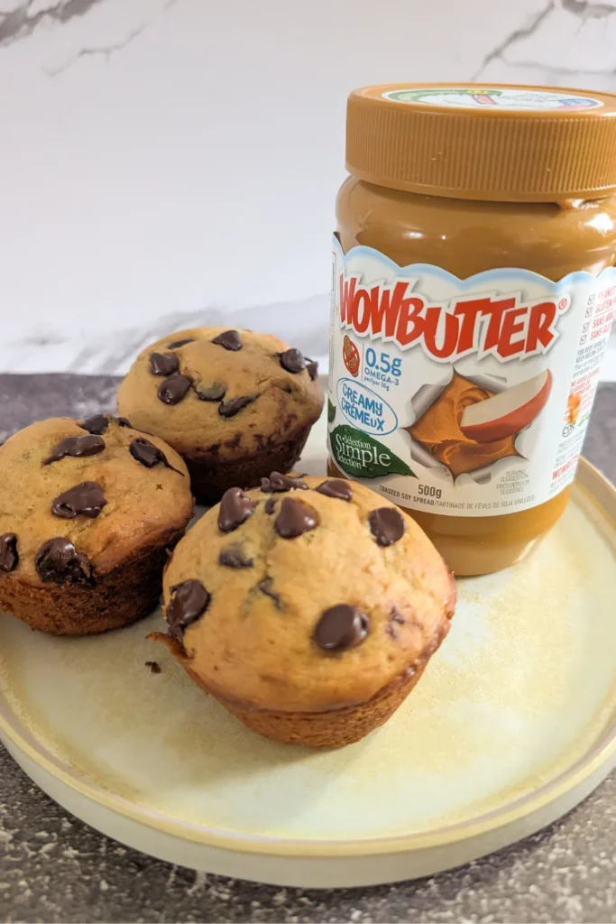 wowbutter on plate with three muffins