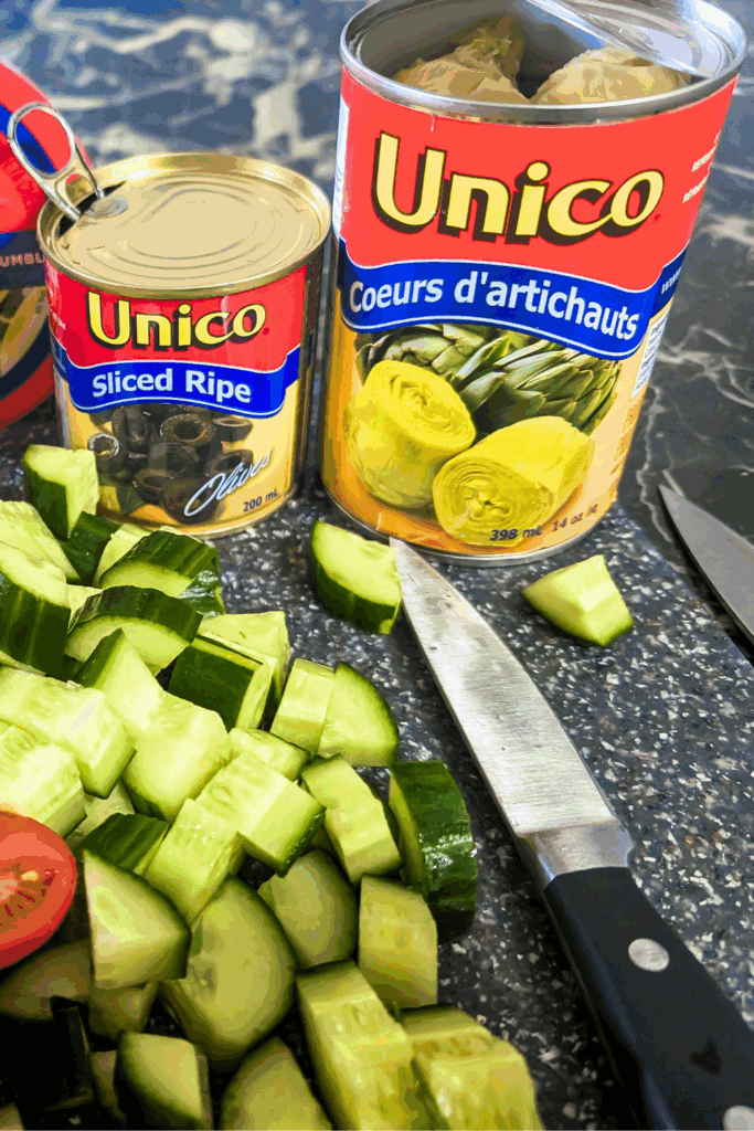 cucumber and unico olives and artichoke hearts
