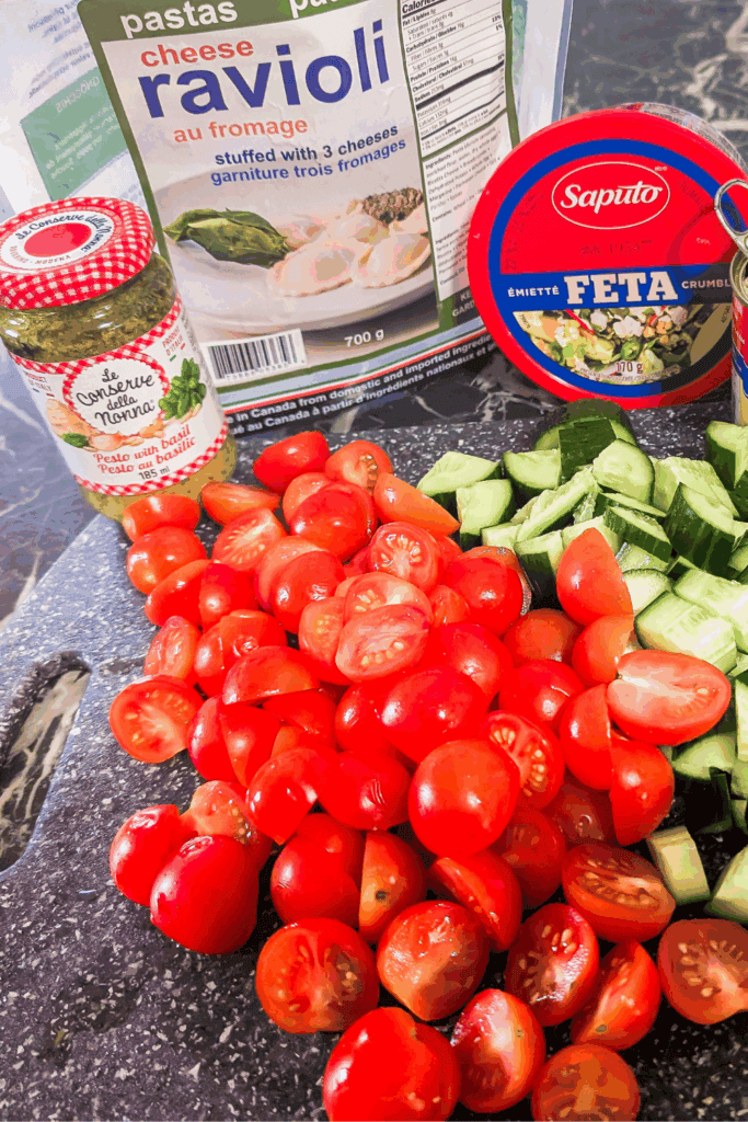 ricos cheese ravioli saputo feta cheese pesto alla genovese and cherry tomatoes