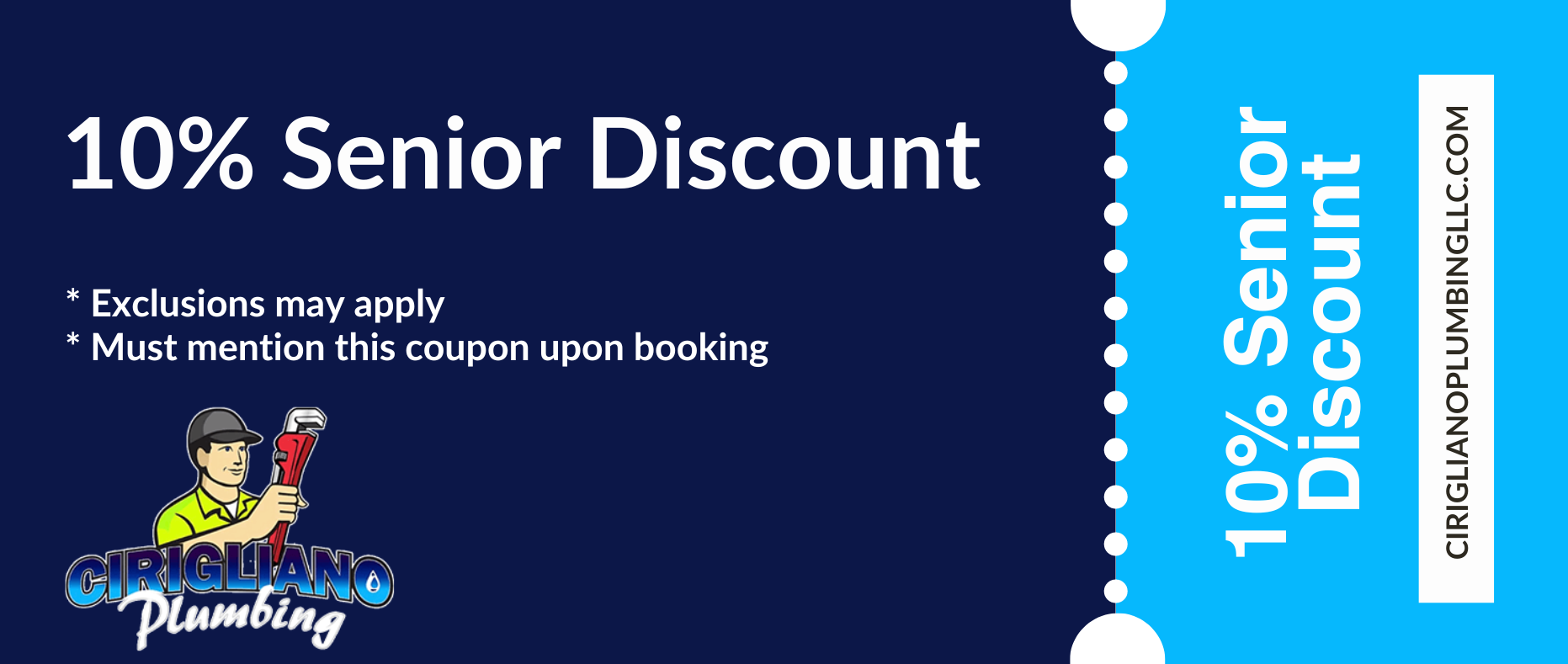 Flyer shows Cirigliano Plumbing LLC offers seniors 10% off plumbing services in Pleasant Hills. Some exclusions apply; mention coupon to get the discount. Visit our website for details. Alt text: Cirigliano Plumbing LLC gives seniors 10% off in Pleasant Hills with coupon.
