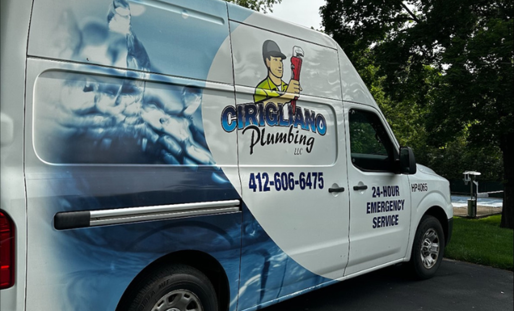 Cirigliano Plumbing LLC van shows company logo, 24-hour emergency service, and phone number for Pleasant Hills.
