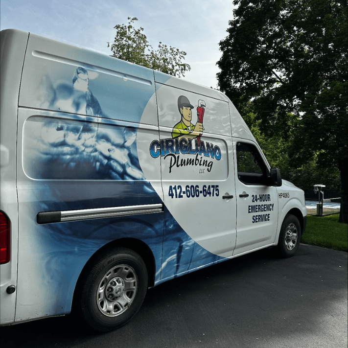 Cirigliano Plumbing LLC van showing company logo and emergency contact number, ready to help Pleasant Hills customers.