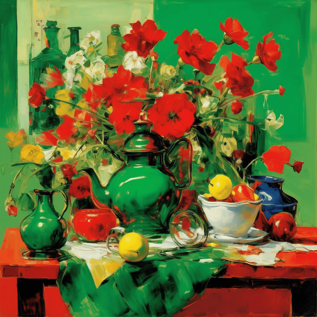 Table with Teakettle, Green Vase and Red Flowers – Hans Hofmann