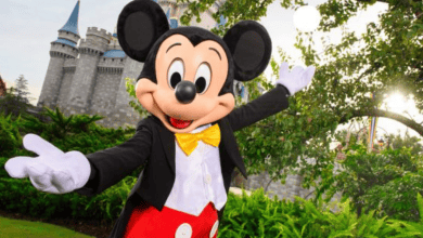 A person in a Mickey Mouse costume stands joyfully with open arms in front of a castle surrounded by greenery. Mickey is wearing a black tuxedo jacket, yellow bow tie, and red shorts with white buttons. The sun shines brightly in the background.