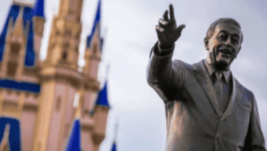 A bronze statue of a person in a suit, smiling and waving, stands in front of a castle with blue rooftops and spires. The background is slightly out of focus, emphasizing the statue—a subtle homage to the magic embodied in Walt Disney quotes.