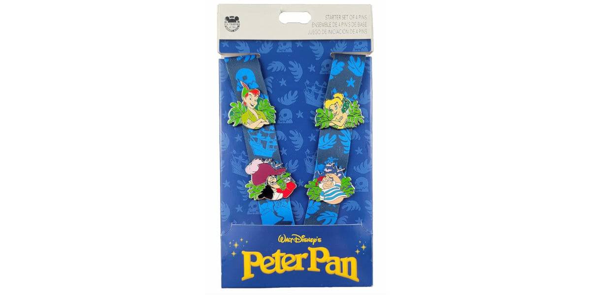 A Disney Peter Pan-themed pin set on a blue card. It features colorful character pins, including Tinker Bell and Captain Hook. The packaging has patterns of stars and silhouettes, with "Walt Disney's Peter Pan" at the bottom in yellow.