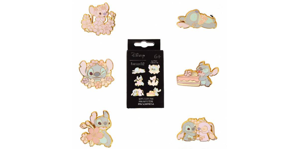 Assorted enamel pins featuring a cartoon alien character in various playful poses and situations, such as smelling flowers, with a cake, and napping. A black display card is in the center showing all pin designs.