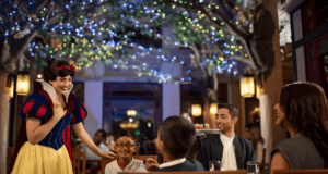 A person dressed as a fairy-tale character interacts with a family dining in a restaurant. The setting is decorated with twinkling lights and trees. The family includes two adults and two children, and there's a server holding a tray.