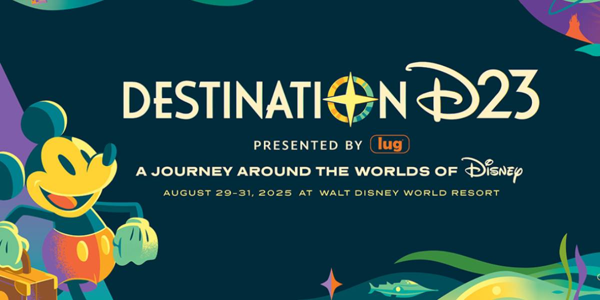Poster for "Destination D23, presented by lug. A journey around the worlds of Disney. 