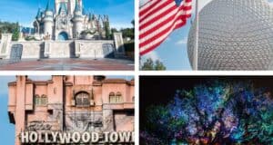 Collage of four theme park attractions: a fairytale castle, a geodesic sphere with an American flag, the Hollywood Tower facade, and a vibrant, illuminated tree. Each image captures a distinct iconic landmark.