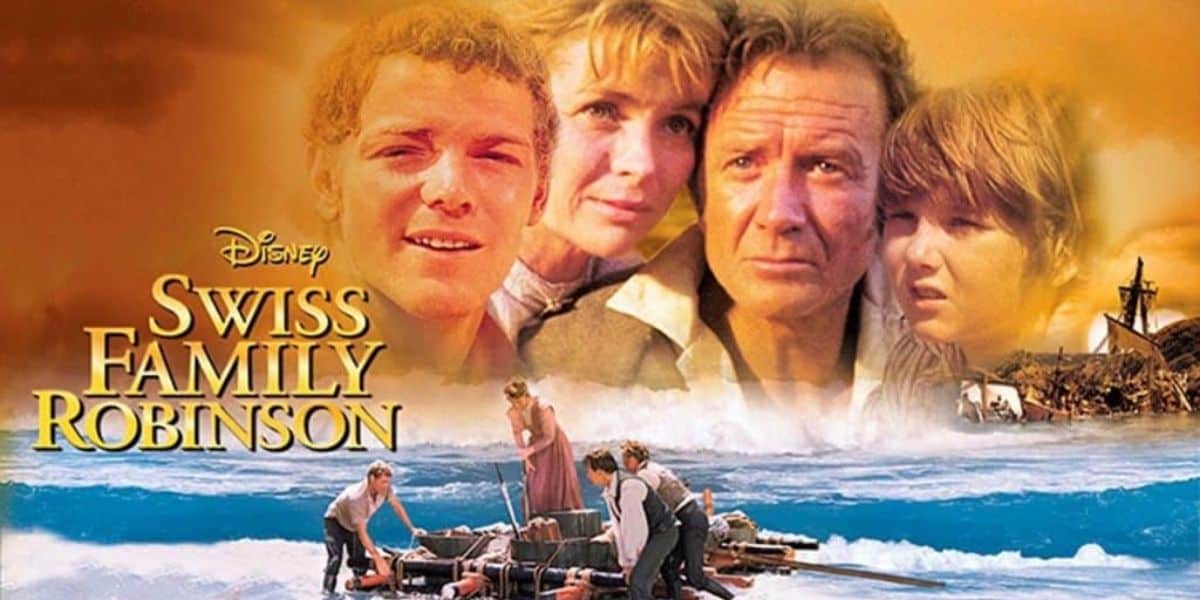 A movie poster for Disney's "Swiss Family Robinson" featuring the faces of four characters above a scene of people building a raft on a beach. The background shows a shipwreck and ocean waves.