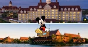 An illustration of a character in front of two resort buildings at Walt Disney World. The top is large and ornate with many lights, while the bottom boasts a Polynesian theme by the water. A playful character sits atop the dividing line, offering a charming alternative for those seeking magical splurges.
