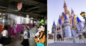 On the left, Walt Disney World cast members walk in a backstage area beneath a "Stop" sign. An illustrated Goofy stands in the foreground. On the right, the iconic blue-and-pink Cinderella Castle at a Disney theme park is shown on a bright, sunny day.