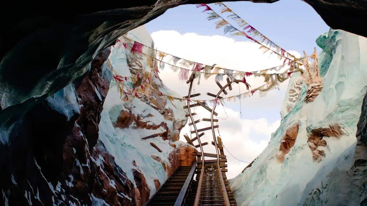 Broken roller coaster tracks made to look like a Yeti tore them