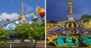 Split image: Left shows a futuristic theme park ride with colorful planets against a blue sky. Right features a carousel adorned with a giant genie lamp and vibrant purple and teal seats, perfect for those planning a day at Magic Kingdom's enchanting realms.