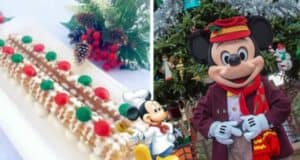 A festive dessert with red and green decorations on the left, and a cheerful cartoon mouse character reminiscent of Disney, wearing a red coat and scarf, standing in front of a decorated Christmas tree on the right. A hint of churro scent lingers in the air, adding to the holiday magic.