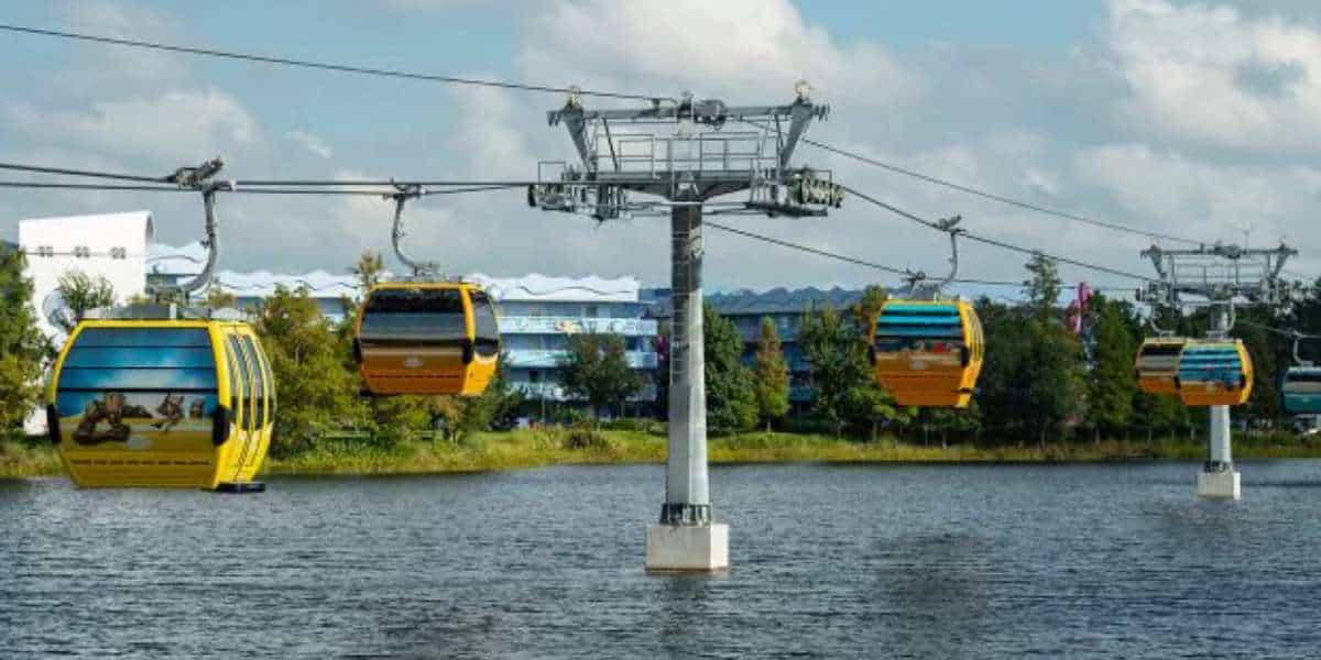 The Disney Skyliner over water 