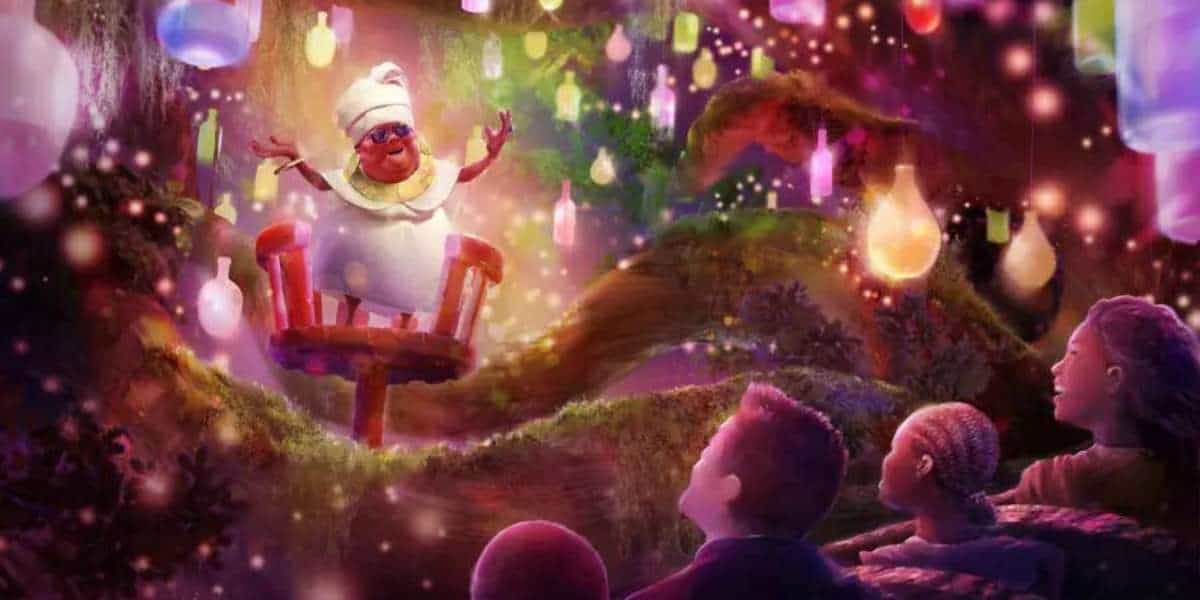 Rendering of Mama Odie on Tiana's Bayou Adventure