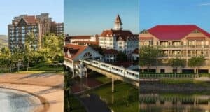 Three Disney Resorts around the world are depicted. The first has a beach with palm trees in front. The second features a grand, white building with red roofs and a monorail passing by. The third shows a more modest, multi-story building with red roofs and a lake in front.