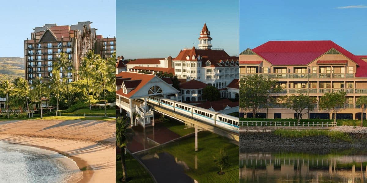 Three Disney Resorts around the world are depicted. The first has a beach with palm trees in front. The second features a grand, white building with red roofs and a monorail passing by. The third shows a more modest, multi-story building with red roofs and a lake in front.