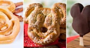 Indulge in classic Disney World snacks shaped like a famous cartoon mouse: savor a bacon-topped waffle, delight in a salted pretzel, and enjoy a chocolate-covered ice cream bar on a stick.