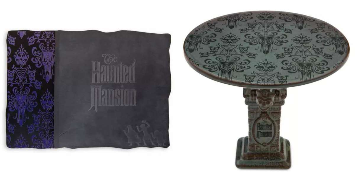 Haunted mansion cheese board on one side, cake plate on the other