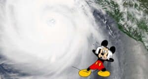 Storm clouds over Pacific Ocean with Mickey Mouse looking worried