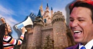 DeSantis and Disneyland with a girl holding a megaphone