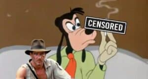 Herbert Johnson and Goffy holding a cigarette with a warning sign censored