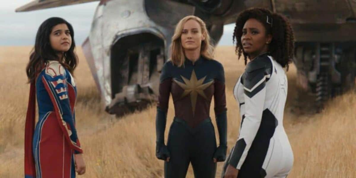 The Marvels scene with three women marvel heroes