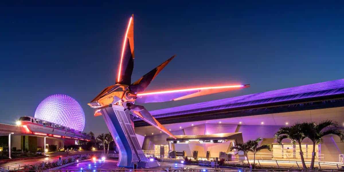 The exterior of Guardians of the Galaxy: Cosmic Rewind at EPCOT.