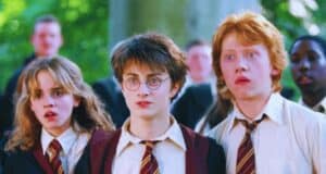 Harry Potter, Hermione Granger, and Ron Weasley looking shocked