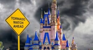 Tornado Watch Ahead sign next to Cinderella Castle