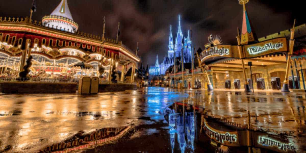 Magic Kingdom with Cinderella Castle and puddles