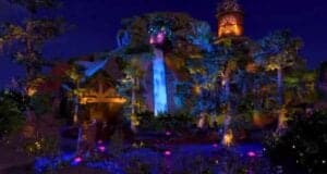 A close-up of the Tiana's Bayou Adventure exterior model at night