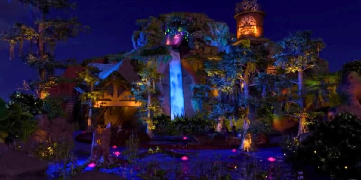 A close-up of the Tiana's Bayou Adventure exterior model at night