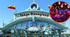 Entrance gate to Tokyo Disneyland with a decorative banner celebrating the 30th anniversary, featuring Disney characters like Mickey Mouse. A red circular inset shows a couple in a boat surrounded by glowing lanterns from a night scene at the park.