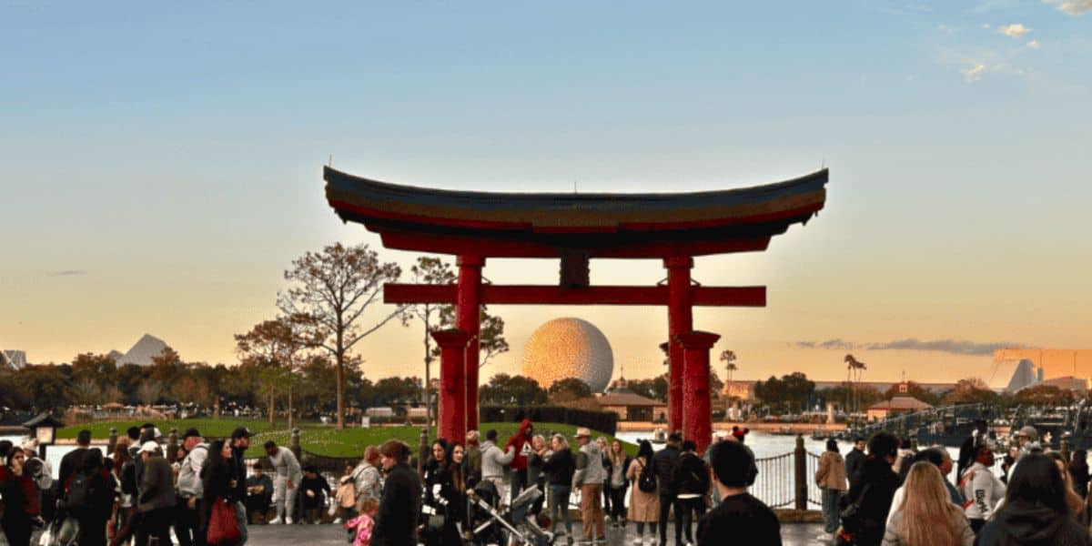 Spaceship Earth at EPCOT framed from the arch in the Japan Pavilion in World Showcase. At EPCOT in Walt Disney World Resort