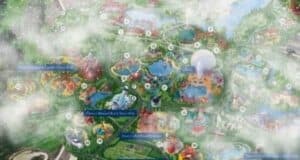 A detailed map of Disney World in Orlando, Florida, is partially obscured by a frosty layer that gives it a wintry appearance. The map outlines various themed sections such as theme parks, water parks, and entertainment complexes with notable landmarks, making you curious about the weather at Disney.
