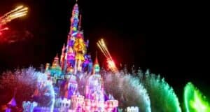 Fireworks above the castle at Hong Kong Disneyland