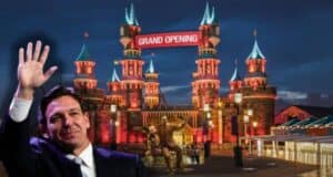 Ron DeSantis waves in front of an illuminated castle with a "Grand Opening" sign. The scene appears to be at night, with Ron DeSantis standing alongside a Walt Disney and Mickey Mouse in front of the castle.
