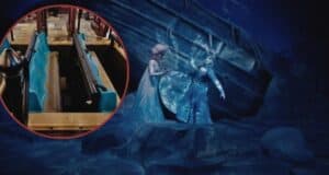 Image showing a scene from a Frozen-themed attraction with Elsa and Anna in an icy setting. Inset is a close-up of blue ride vehicle seats at the attraction, showing where passengers sit.