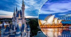 The image features a composite of two landmarks: on the left, Cinderella Castle at Disney World in Orlando during twilight, and on the right, the Sydney Opera House and Sydney Harbour Bridge illuminated at night, reflected in the water.